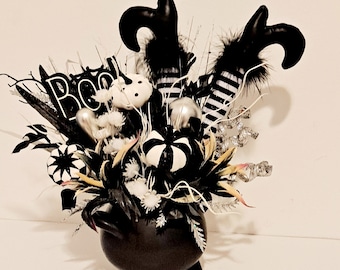 Halloween Centerpiece: Witch Legs, White Pumpkins, Black Cauldron