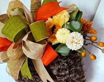 Deurkrans pompoen, herfstbladeren, strikdecor, herfstkrans