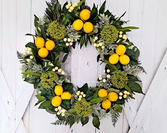 Corona de limones, decoración de puerta estilo casa de campo, corona de cítricos de verano
