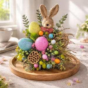 May include: Easter display with a woven rabbit figure and a red bow tie, surrounded by colourful eggs and foliage. The arrangement includes pastel-coloured eggs in blue, pink, and yellow, presented on a wooden tray.