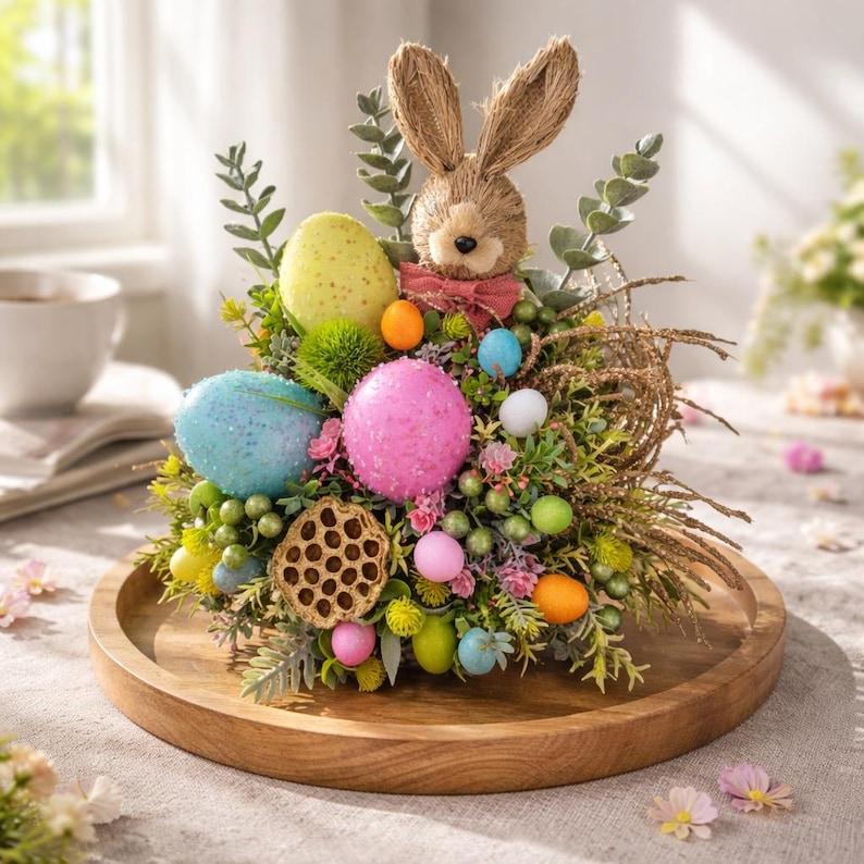 May include: Easter display with a woven rabbit figure and a red bow tie, surrounded by colourful eggs and foliage. The arrangement includes pastel-coloured eggs in blue, pink, and yellow, presented on a wooden tray.