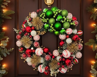 Corona navideña / Corona navideña roja, verde y dorada / Decoración navideña para la puerta / Decoración para la puerta principal / Decoración navideña / Idea de regalo de Navidad