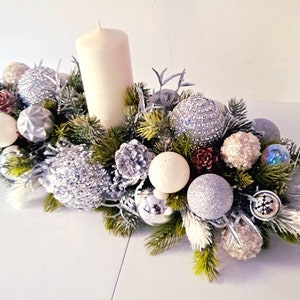 Silver Christmas Centerpiece: Candle & Frosted Pine Arrangement