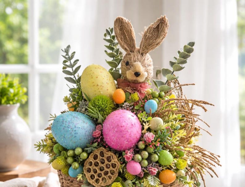 May include: An Easter basket arrangement with a straw bunny, colourful eggs, and greenery. The basket contains blue, pink, and yellow eggs. The arrangement is set in a woven basket, creating a festive spring display.