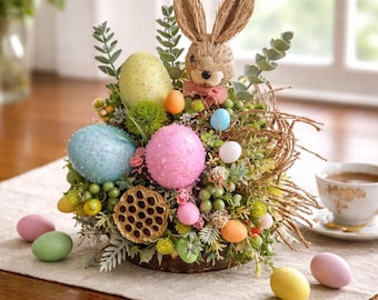 Centro de mesa primaveral de conejito de Pascua, arreglo floral con huevos pastel, decoración de mesa de Pascua estilo granja, decoración del hogar primaveral.