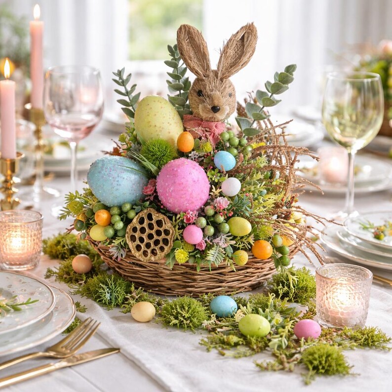 May include: Easter table centrepiece in a woven basket, featuring a straw bunny, colourful eggs, and greenery. The arrangement includes pink, blue, and yellow eggs, with additional decorative elements. The centrepiece is set on a white tablecloth with candles and glassware.