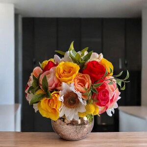 Summer Floral Centerpiece in Rose Gold Vase – Faux Flowers, Wedding Table Decor, Boho Home Accent, Gift for Her