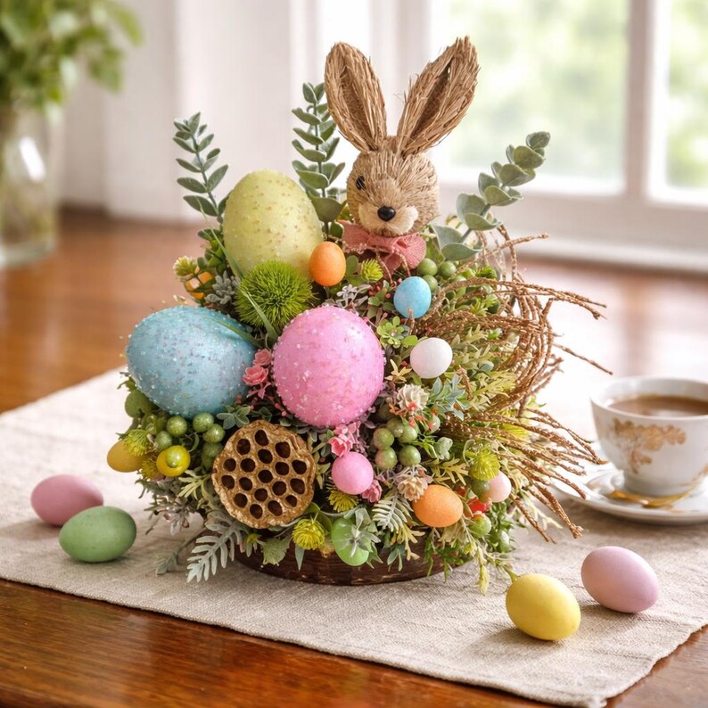 May include: Easter display with a woven bunny figure and colourful eggs. The arrangement includes pastel-coloured eggs in blue, pink, yellow, and green, with greenery. A cup of tea sits in the background. The display is set on a table.