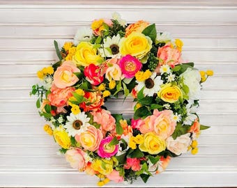 Corona floral multicolor \ Decoraciones florales para puertas \ Primavera verano \ Corona para puerta de entrada