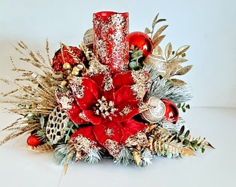Red Gold Poinsettia Christmas Centerpiece: Holiday Table Decor