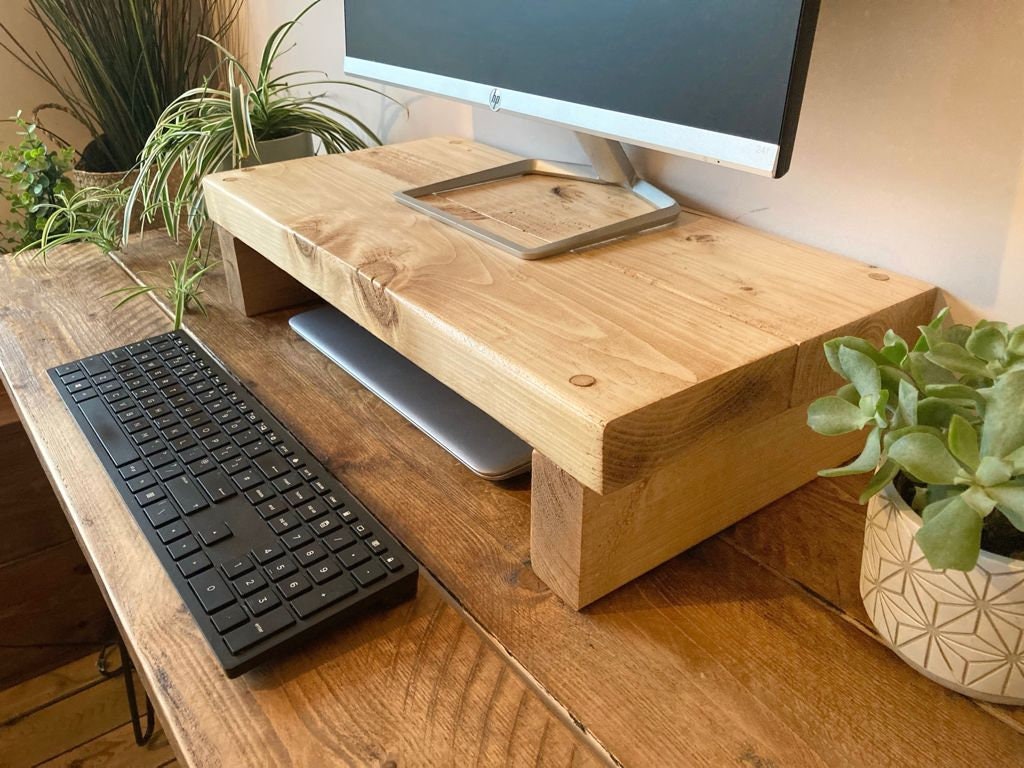 Support de moniteur d'ordinateur à 2 étages en bois avec tiroir de  rangement, organiseur de bureau avec serrure, polyvalent comme étagère et  support