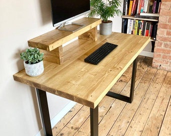 Industrial Style Wooden Desk Computer Desk Home Office Desk Rustic Reclaimed Solid Wood Chunky Handmade Sturdy Steel Legs