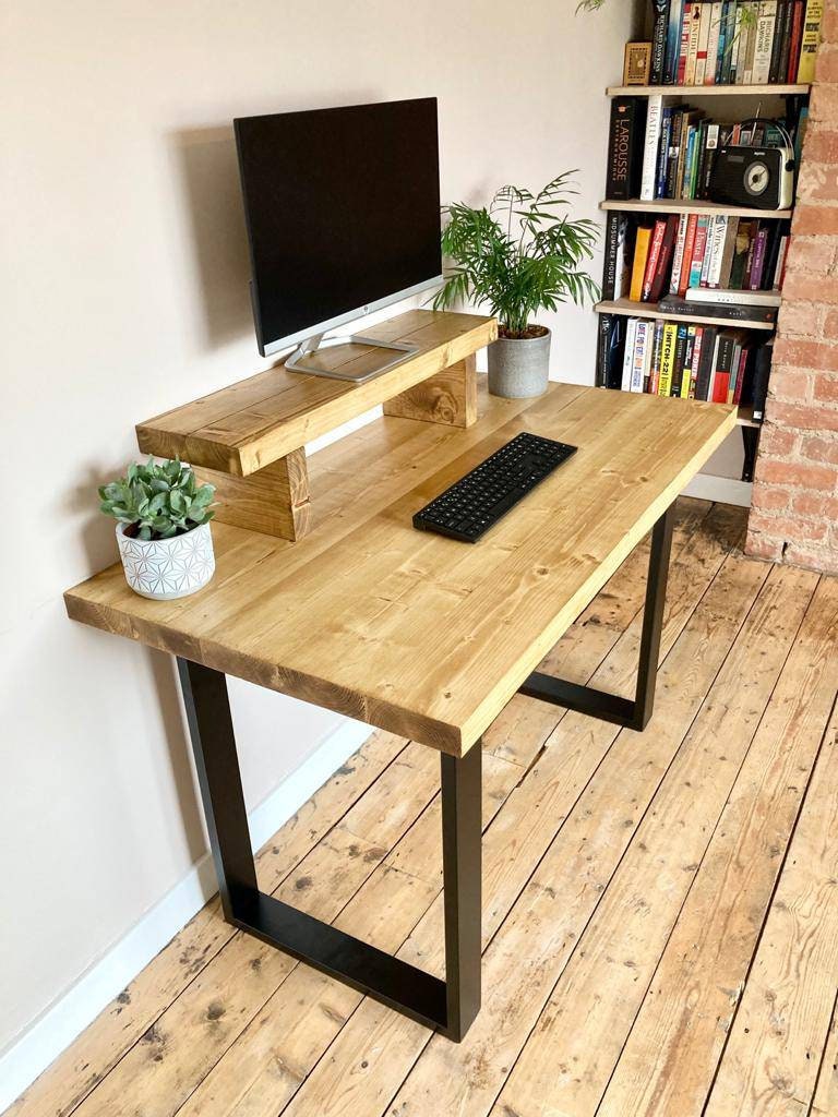 Industrial Style Wooden Desk Computer Desk Home Office Desk Rustic  Reclaimed Solid Wood Chunky Handmade Sturdy Steel Legs 