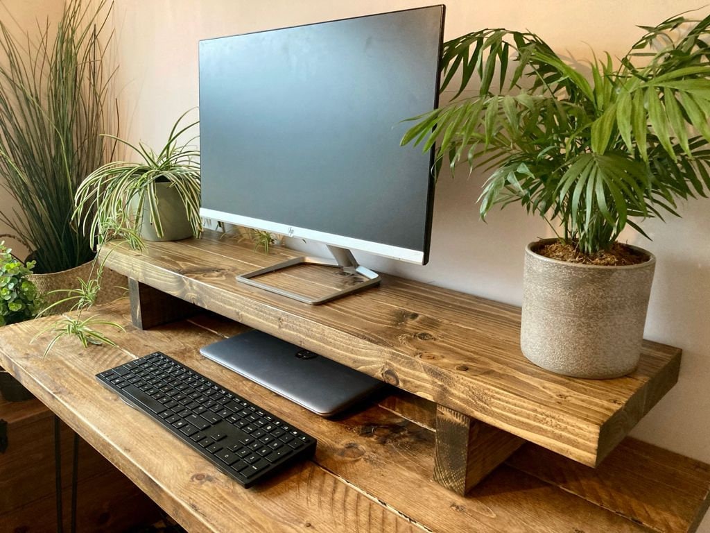 Personalized Dual Computer Monitor Stand, Screen Stand, Monitor Riser, Mac  Stand,side Shelf and Full Shelf,includes 15W Wireless Charger 