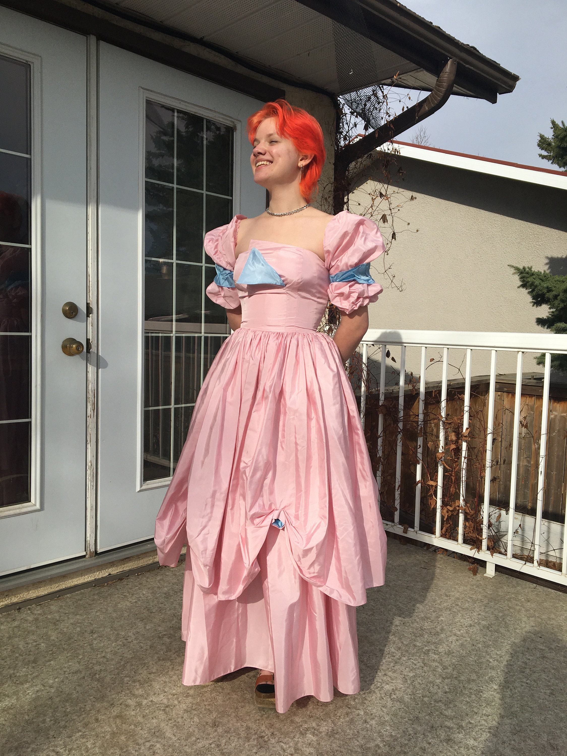 pink and blue ball gown