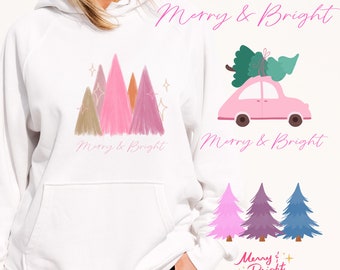 Pink Christmas Holiday Tree Merry and Bright SVG PNG Bundle Sublimation digital