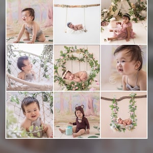 May include: A collage of nine images featuring babies in various poses, including a baby in a swing, a baby in a wreath, and a baby in a hammock. The images are all set against a backdrop of greenery and flowers. The text "THE PERFECT PRESET" is displayed at the bottom of the collage.