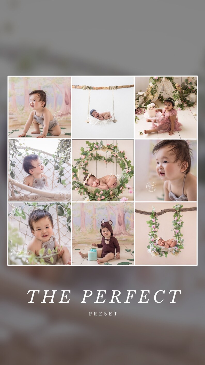 May include: A collage of nine images featuring babies in various poses, including a baby in a swing, a baby in a wreath, and a baby in a hammock. The images are all set against a backdrop of greenery and flowers. The text "THE PERFECT PRESET" is displayed at the bottom of the collage.