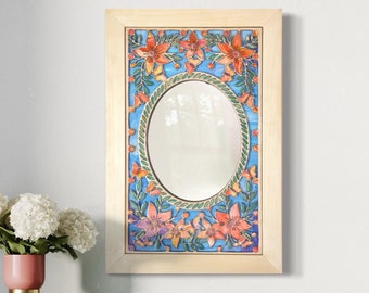 Floral Butterfly Wood Mosaic Mirror: Decorative Wall Art