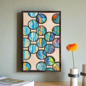 Abstract Painting of Circles, Geometric Wood Inlay Wall Art, Wood Mosaic Contemporary Art, Gift for her