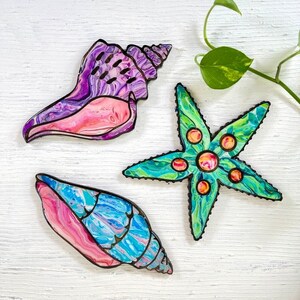 3 Seashell Wall Art, Seashell Sculptures, Beach House Theme Gift, Tropical Handmade Wood Mosaic Art, Gift for Her