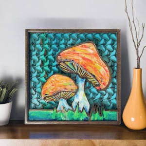 Mushroom Painting, Mushroom Artwork, Mushroom Art, 3D Wood Mosaic Wall Art, Kitchen Decor, Gift For Garden Lover