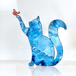 Cat Lover Gift, Cat Painting, Cat Figurine, Handmade Wood Cat, Blue and White Home Decor, gift for her