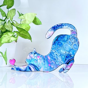 Cat Painting, Stretching Cat Sculpture, Cat Pink and Blue Cat Lover Gift, Handmade Art, Cats Theme Gift, Gift for Her