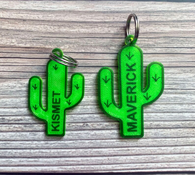 May include: Two green cactus-shaped keychains with the names "Maverick" and "Kismet" printed on them. The keychains are made of a 3D printed material and have a textured surface.