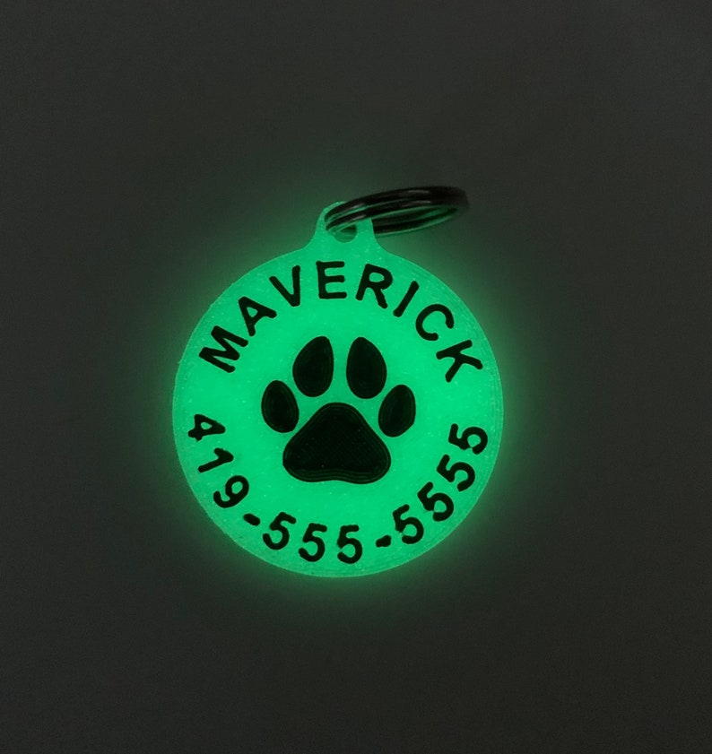 May include: Green glow-in-the-dark dog tag with a black paw print and the text "Maverick 419-555-5555".