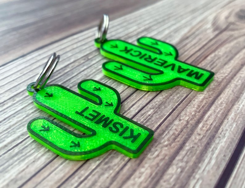 May include: Two green cactus-shaped keychains with silver key rings. The keychains have the names "Maverick" and "Kismet" written on them.