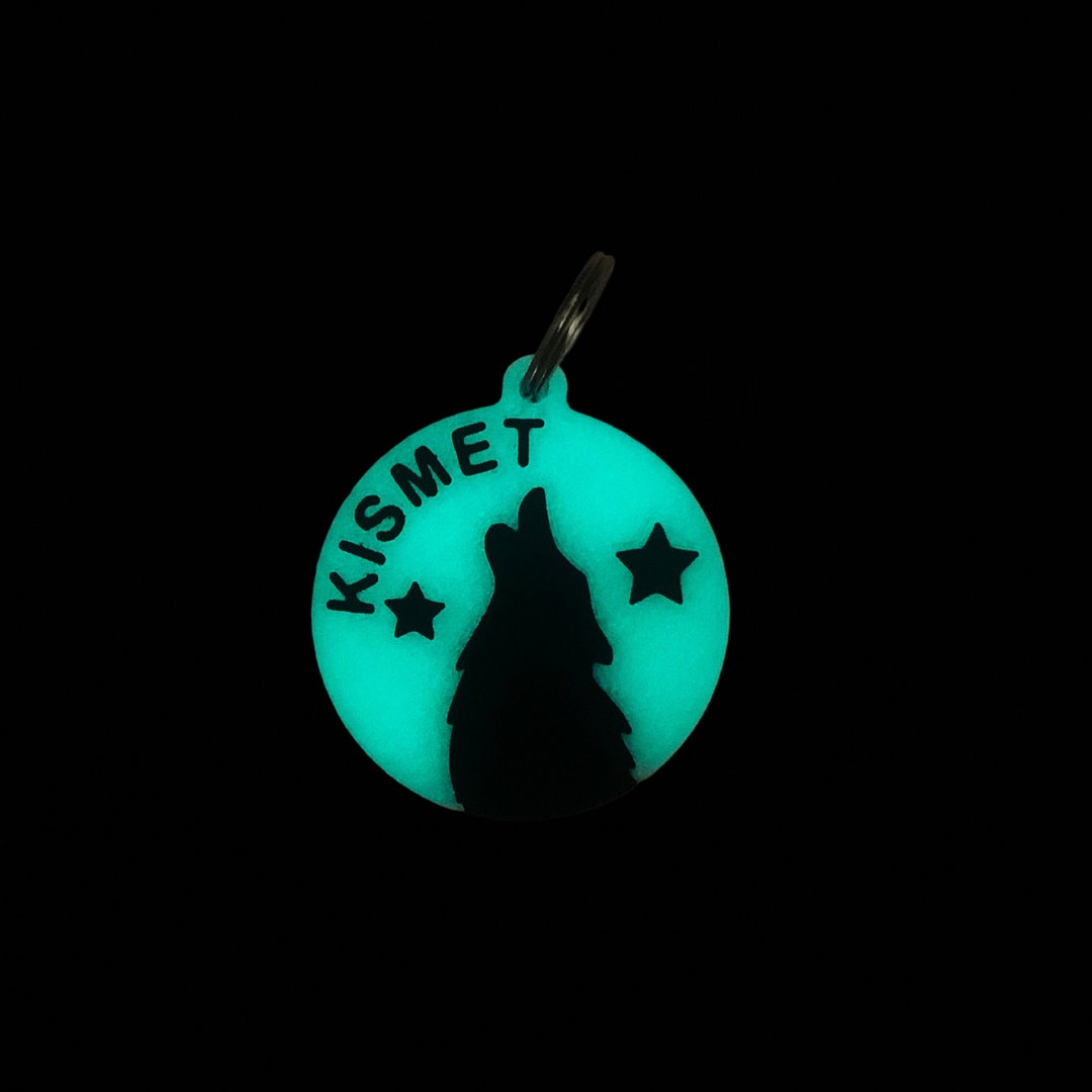 Wolf Dog Tag Glow in the Dark Dog Tag Wolf Howling at Moon Etsy