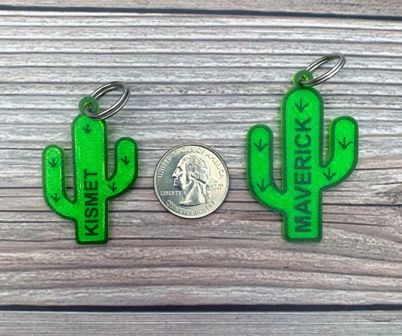 May include: Two green cactus-shaped keychains with silver key rings. The cactus on the left says "Kismet" and the cactus on the right says "Maverick".