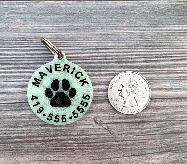 May include: A round, light green pet ID tag with a black paw print and the text "Maverick 419-555-5555" around the paw print. The tag is next to a US quarter for size comparison.