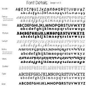 May include: Font details page 1 of 2, showcasing various font styles. The image displays different fonts, including Noodle, Fancy, Classic, Motion, Sunset, Retro, Vibes, Outline, Type, and Bold, each with uppercase and lowercase letters.