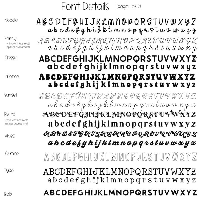 May include: Font details page 1 of 2, showcasing various font styles. The image displays different fonts, including Noodle, Fancy, Classic, Motion, Sunset, Retro, Vibes, Outline, Type, and Bold, each with uppercase and lowercase letters.