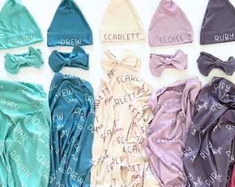 Personalized Baby Swaddle Blanket Gift Sets, Swaddle and Hat with Name, Girl Baby Shower Gift, Baby Boy Personalized Gift