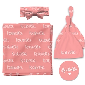 Personalized Baby Swaddle Blanket, Name Swaddle Blanket, Newborn Swaddle with Name, Swaddle Set with Bow and Hat Options