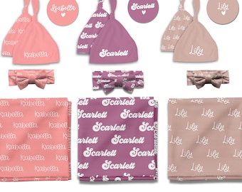 Personalized Baby Name Swaddle Blanket, Bow and Hat Set