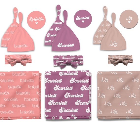 Personalized Baby Name Swaddle Blanket, Bow and Hat Set