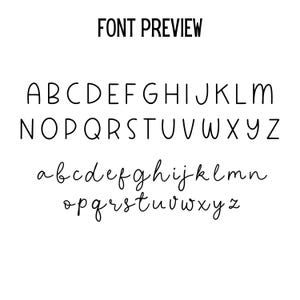 May include: A white background displays a font preview. The text "FONT PREVIEW" is at the top. Below are the uppercase and lowercase alphabets in two different styles. The first is a simple sans-serif font, and the second is a cursive font.