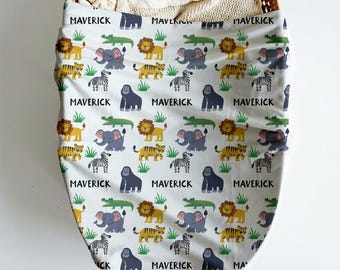 Safari Animal Swaddle Name Blanket, Personalized Safari Baby blanket