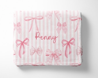 Personalized Pink Bows Name Minky Blanket