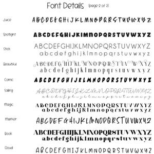 May include: A page titled "Font Details" displays various font styles. The fonts are labeled "Juice," "Spotlight," "Stick," "Beautiful," "Comic," "Sailing," "Magic," "Marker," "Book," and "Cloud." Each font is shown with the alphabet in both uppercase and lowercase.