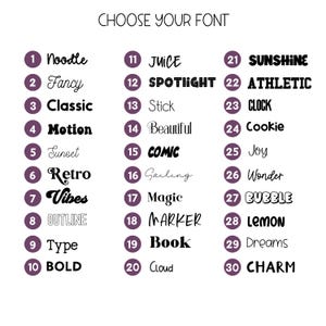 May include: A white background with the text "CHOOSE YOUR FONT" at the top. Below are 30 font options, each with a name and a corresponding number in a purple circle. Font styles include "Retro", "Comic", and "Bubble".