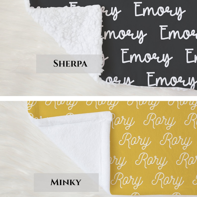 May include: Two personalized blankets, one black with white script reading "Emory" and a white Sherpa backing, the other yellow with "Rory" in white script and a white Minky backing. The blankets are soft and cozy.