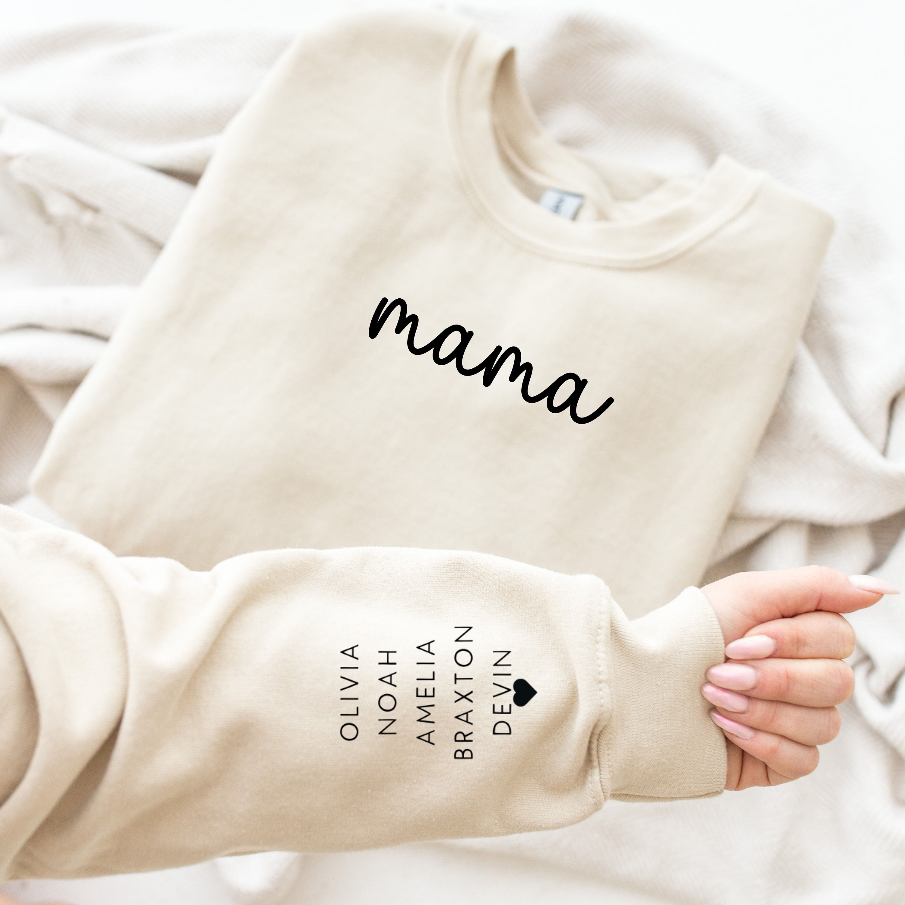 Custom Embroidery Hoodie with Mama Text, Trendy New Mom Gifts, Embroidery Flower Letters Sand / M