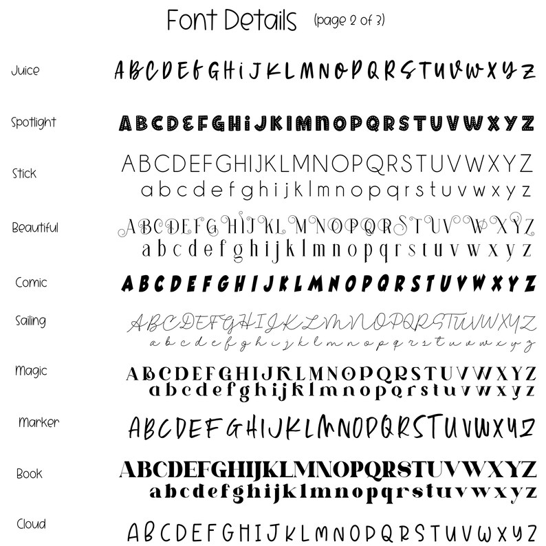 May include: A page titled "Font Details" displays various font styles. The fonts include "Juice," "Spotlight," "Stick," "Beautiful," "Comic," "Sailing," "Magic," "Marker," "Book," and "Cloud." Each font is shown with the alphabet in both uppercase and lowercase.