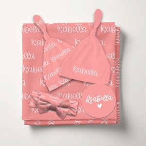 Personalized Baby Swaddle Blanket, Name Swaddle Blanket, Newborn Swaddle with Name, Swaddle Set with Bow and Hat Options
