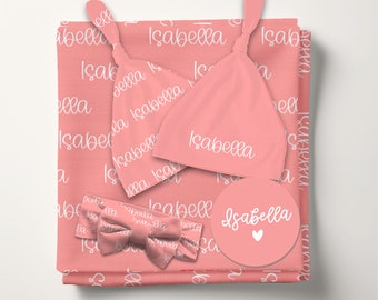 Personalized Baby Swaddle Blanket, Name Swaddle Blanket, Newborn Swaddle with Name, Swaddle Set with Bow and Hat Options